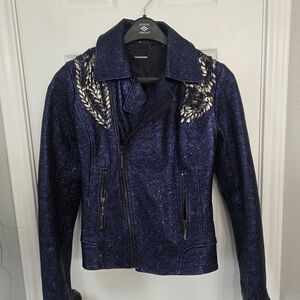 Elie Tahari Crushed Blue Motorcycle Style Women's Jacket Small